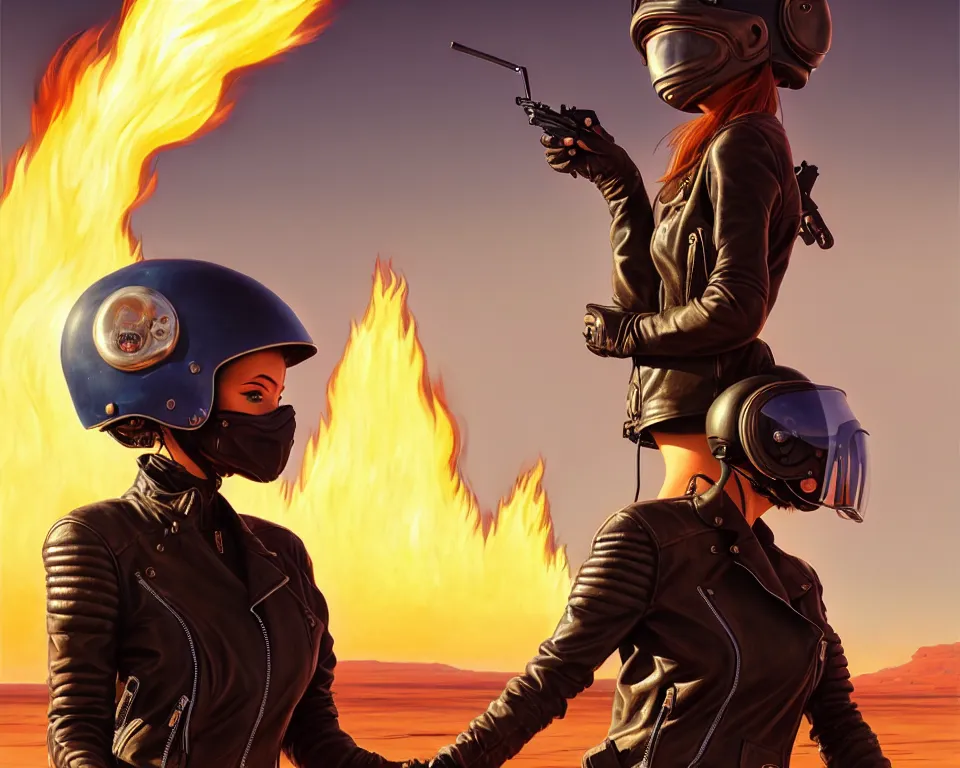 Image similar to a ultradetailed beautiful panting of post apocalyptic woman with motorbike in leather jacket with helmet in front of burning desert, anatomically correct, by ilya kuvshinov, greg rutkowski and makoto shinkai, trending on artstation