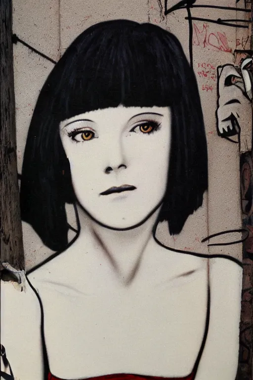 Prompt: graffiti of 2 2 yeard old mary louise brooks, 1 9 8 0 s graffiti by zephyr