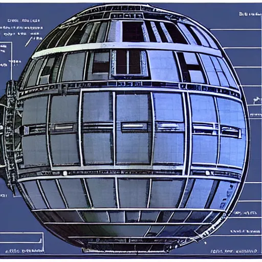 Image similar to blueprints of the Death Star, hyperealistic