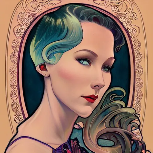 Image similar to a streamline moderne portrait in the style of anna dittmann and donato giancola and alphonse mucha.