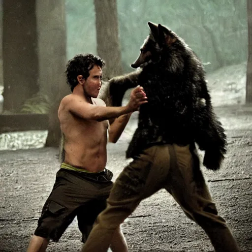 Prompt: a anthro wolf sorcerer fight club movie still