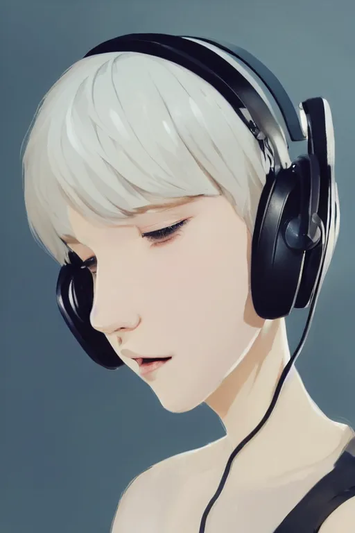 Prompt: a cute young woman listening to music with her eyes closed and wearing headphones in the style of Ilya Kuvshinov and Range Murata, white bob cut hair, freckles, blue filter, blue and white, vivid colors, soft lighting, cinematic, moody, nier automata, poster, oil on canvas by Krenz Cushart, 8k