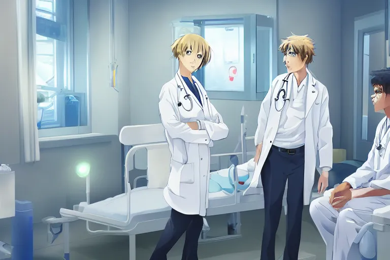 Image similar to a cute and beautiful young female doctor wearing white coat are talking with a handsome young man wearing white coat in a hospital ward, highly detailed, digital painting, slice of life anime, illustration, anime scenery by Makoto shinkai