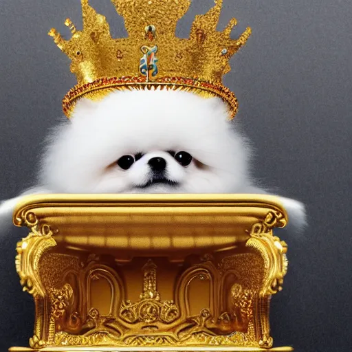 Prompt: a Pomeranian wearing a golden crown is sitting on the King's throne