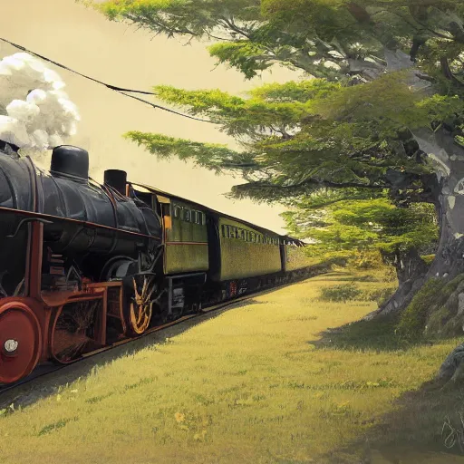 Image similar to concept art painting of a historic transverse view of a steam train, the train carries a cherry tree in flower, realistic, detailed, cel shaded, in the style of makoto shinkai and greg rutkowski and james gurney