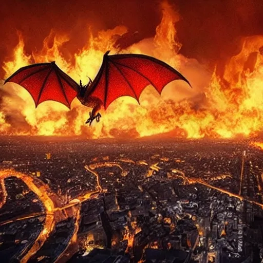 Image similar to dragons flying over city with flames coming from their mounths, epic scene