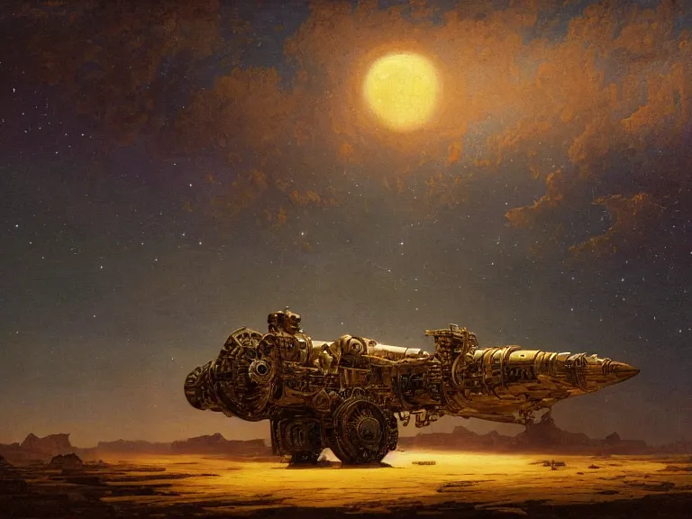 Image similar to an oil painting of an ancient dieselpunk spacecraft in the middle of an alien desert at dusk, aurora and stars light up the sky by beksinski carl spitzweg and tuomas korpi. baroque elements, full-length view. baroque element. intricate artwork by caravaggio. Trending on artstation. 8k