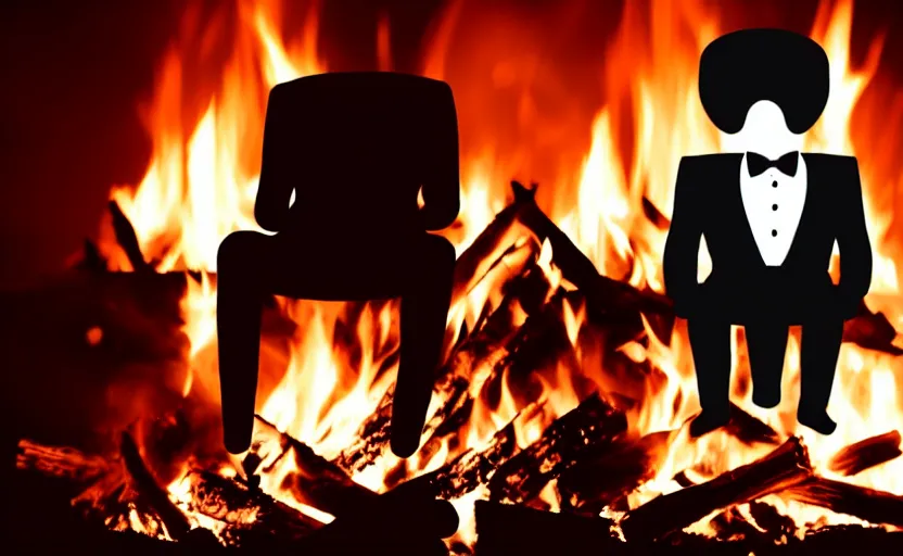 Prompt: a man wearing a tuxedo sitting in the middle of a bonfire, no face