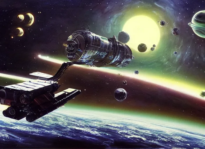 Prompt: abandoned space station drifting in deep space, matte painting, peter elson, chris foss, terran trade authority