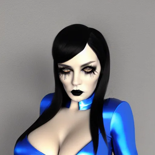 Image similar to a feminine curvy pale hot goth sweetie wearing a royal blue-silver-gold-black latex-nylon high-neck dress, dark eyeshadow, eyelashes, cgsociety, photorealistic, sublime-hyperadvanced-amorous ambience, 16k, smooth, sharp focus, trending on ArtStation, volumetric lighting, fully clothed, thin waist