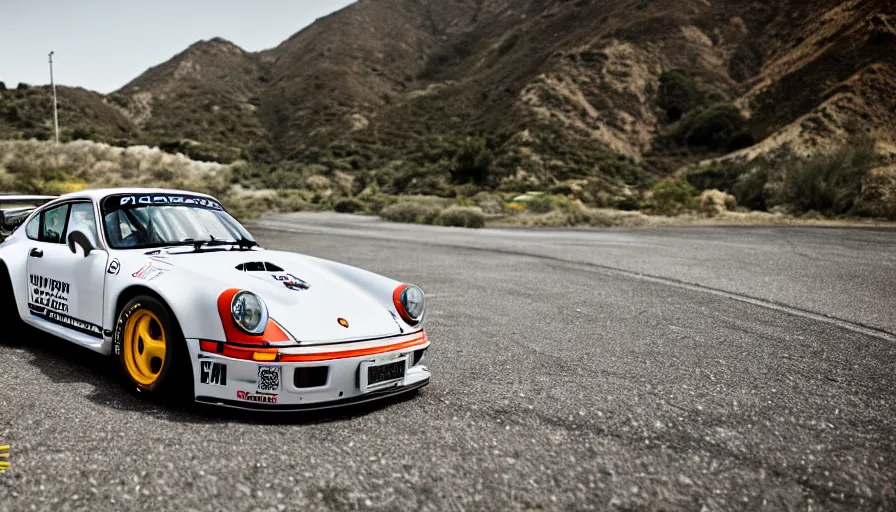 Image similar to photograph, PORSCHE RSR, IROC, by Pete Biro, Peter Singhof, press release, cinematic, malibu canyon, 8k, depth of field, bokeh. rule of thirds,