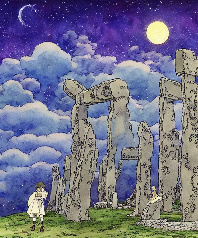 Image similar to a hyperrealist studio ghibli watercolor fantasy concept art. in the foreground is a giant grey octopus building and putting stones in to place on top of stonehenge with a starry sky. by rebecca guay, michael kaluta, charles vess