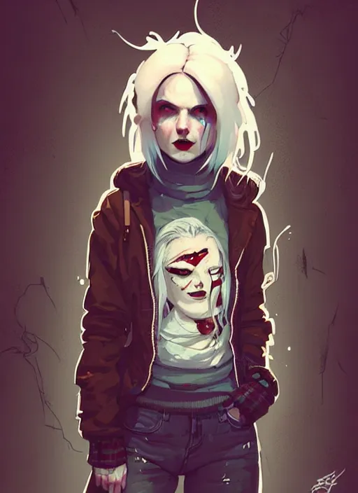 Image similar to highly detailed portrait of a sewer punk canadian lady, tartan hoody, white hair by atey ghailan, by greg rutkowski, by greg tocchini, by james gilleard, by joe fenton, by kaethe butcher, gradient red, brown, blonde cream and white color scheme, grunge aesthetic!!! ( ( graffiti tag wall background ) )