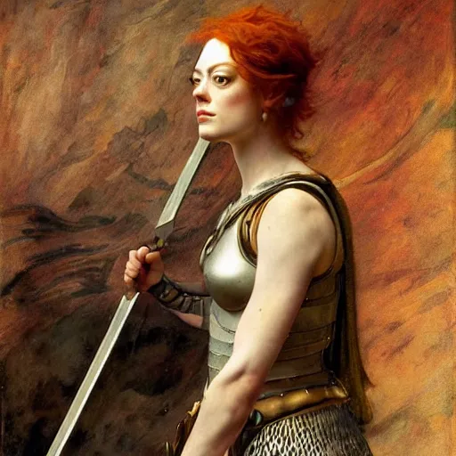 Image similar to emma stone as boudicca by edgar maxence and caravaggio and michael whelan and delacroix