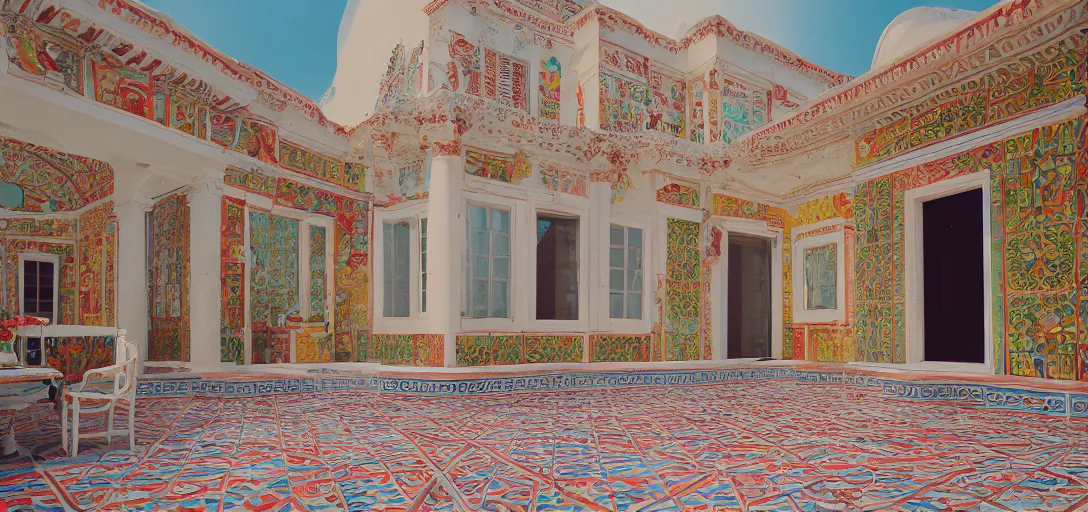 Image similar to large house in greece with multicolored portuguese tiles. photographed by wes anderson. fujinon premista 1 9 - 4 5 mm t 2. 9. portra 8 0 0.