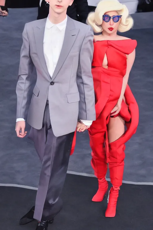 Prompt: timothee chalamet and lady gaga holding hands on the red carpet, beautiful detailed faces, high resolution, 4 k 8 k