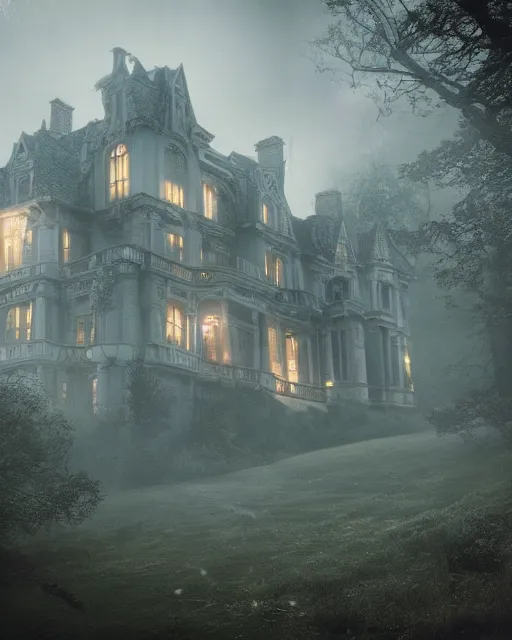 Prompt: a wide angle low photo of a colossal haunted victorian mansion on the edge of a cliff above a misty forest at night, volumetric light, epic proportions, ectoplasm, mystical, occult, alchemy, ultra detailed, 8 k