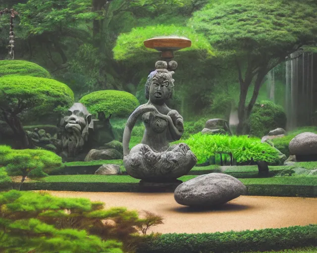 Image similar to strange weird pagan japanese garden with a gigantic statue fountain of an ancient god stretching its arms above the garden, digital art, oil painting, colorful, artstation, australian tonalism, minimalist, very clear, no blur, serene