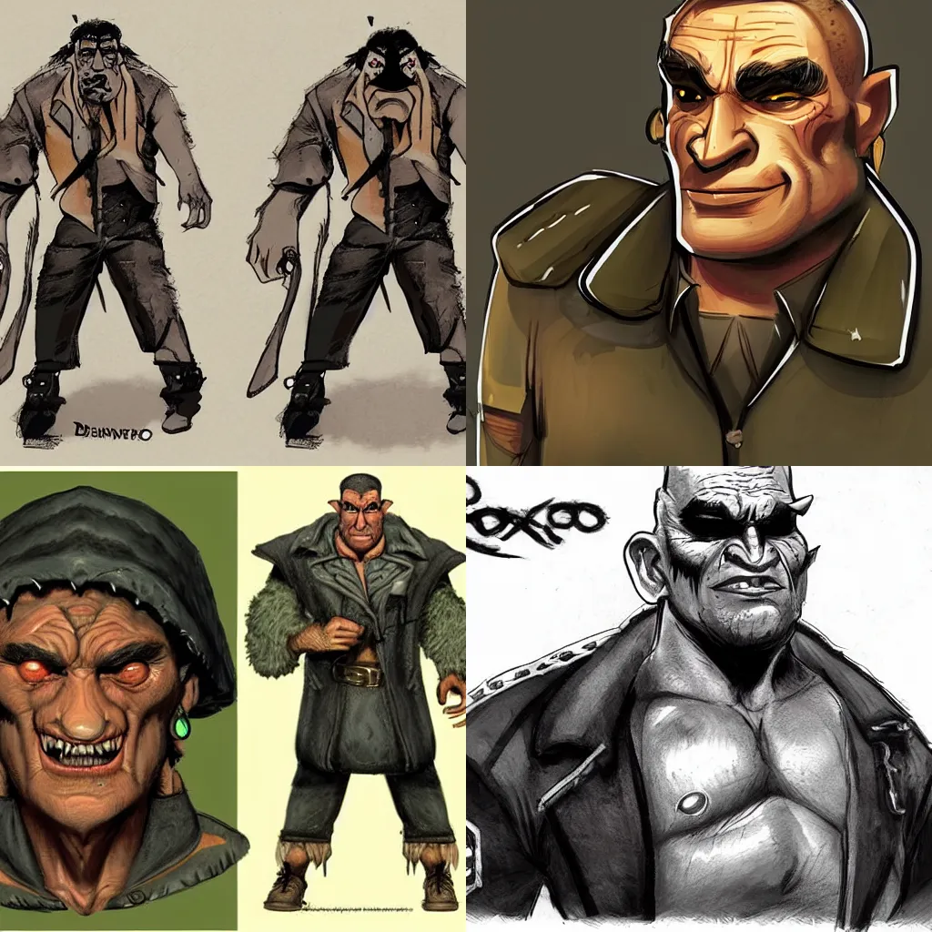 Prompt: character design concept art of an orc that looks like robert deniro as travis bickle from taxi driver