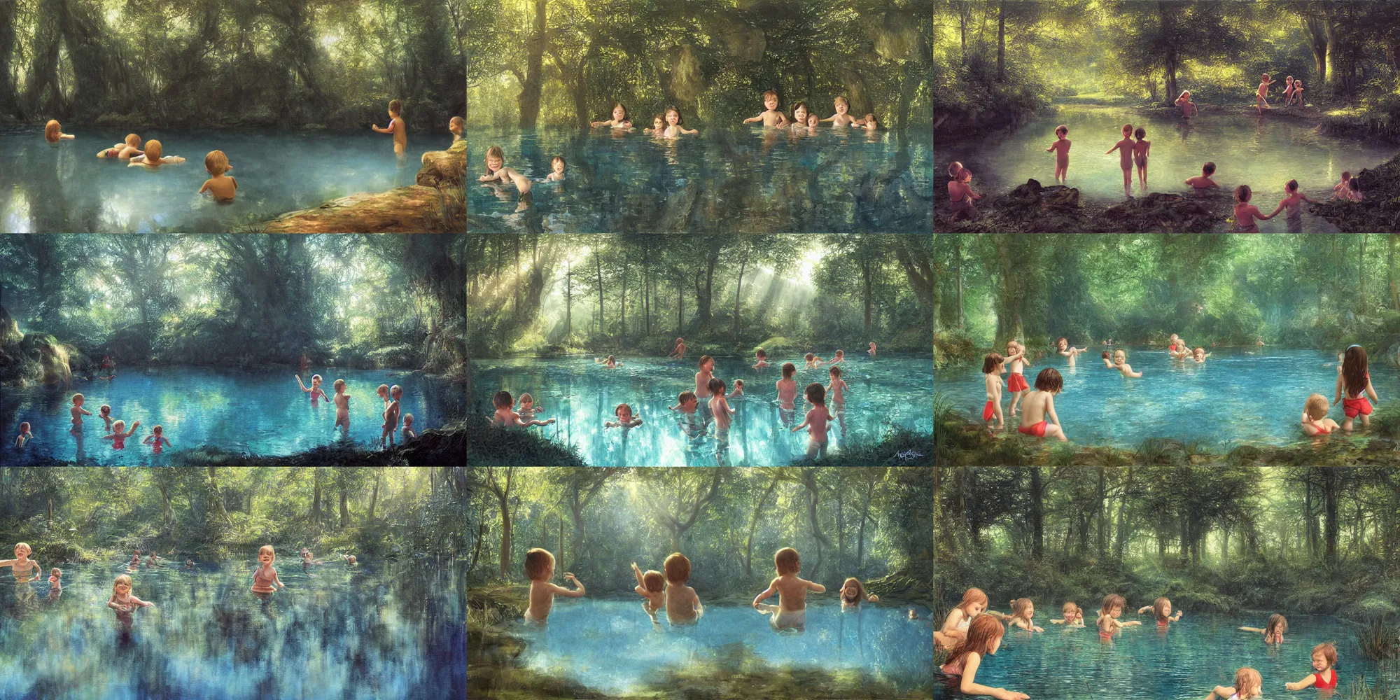 Prompt: smiling children swimming in a mirror - like crystal clear swimming hole, by alan lee, dark forest background, sunlight filtering through the trees, digital art, art station.