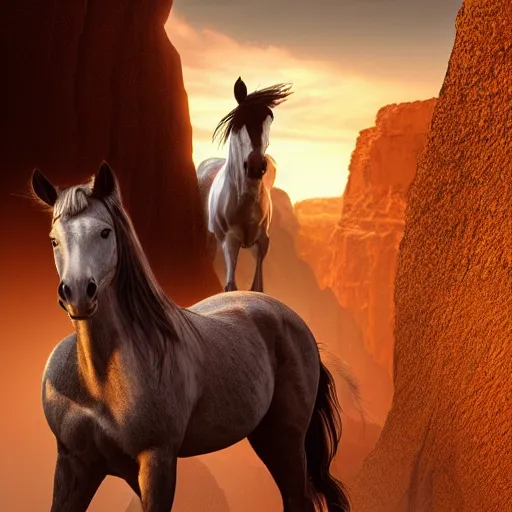 Prompt: spirit, the wild horse from the spirit movie, with the young girl named lucky on the horseback galloping next to a canyon into the sunset, movie poster, intricate detail, 8 k, trending on artstation, octane render