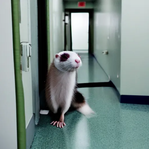 Image similar to a ferret in a hospital gown walking through a hallway from one room to the next dragging an IV on wheels behind it