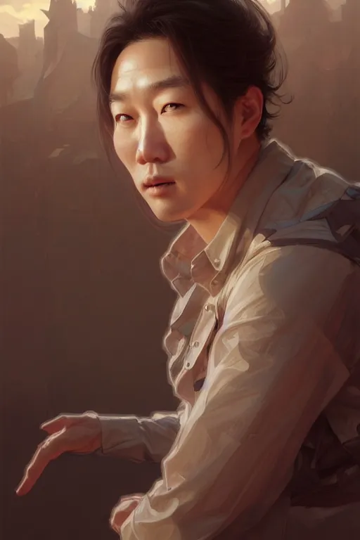 Image similar to clear portrait of john harlan kim, cottagecore!!, background hyper detailed, character concept, full body, dynamic pose, glowing lights!! intricate, elegant, highly detailed, digital painting, artstation, concept art, smooth, sharp focus, illustration, art by artgerm and greg rutkowski and alphonse mucha