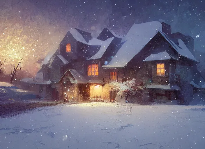 Image similar to snow - covered house, smoke from the stove, night, stars in the sky, winter landscape, painting by craig mullins, octane rendering, wide angle lens, in the style of hayao miyazaki, trending on artstation,