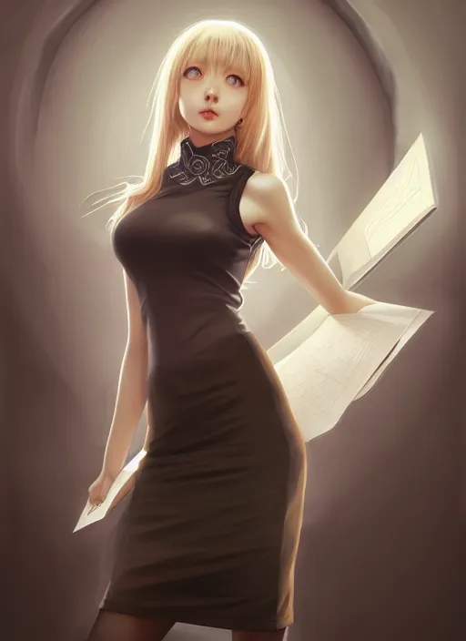 Image similar to portrait of a full body of beautiful young female secretary, d & d, sleeveless turtleneck, pencil skirt, fantasy, flat lighting, intricate, highly detailed, digital painting, artstation, concept art, smooth, sharp focus, illustration, misa amane, art by simon bisley and greg rutkowski and alphonse mucha, natural tpose