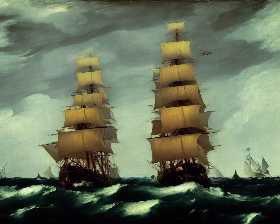 Image similar to an achingly beautiful print of the HMS Bounty sailing on stormy seas by Raphael, Hopper, Goya, and Rene Magritte. detailed, moody, enchanting, trending on artstation.