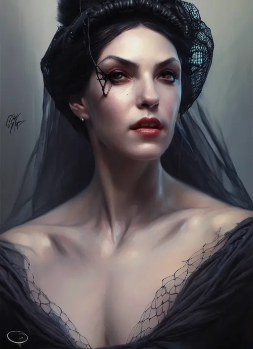 Image similar to a _ fantasy _ style _ portrait _ painting _ of widow black net bonnet, oil _ painting _ unreal _ 5 _ daz. _ rpg _ portrait _ extremely _ detailed _ artgerm _ greg _ rutkowski _ greg