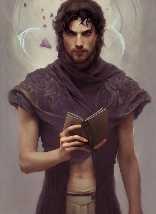 Prompt: character concept portrait of an attractive young focused Spanish wizard with pale red skin enchanting a power spell, a floating iridescent spell book in the center, intricate, elegant, digital painting, concept art, smooth, sharp focus, illustration, from Metal Gear, by Ruan Jia and Mandy Jurgens and William-Adolphe Bouguereau, Artgerm