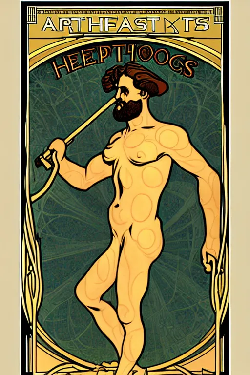 Image similar to art nouveau poster. hephaestus at the forge