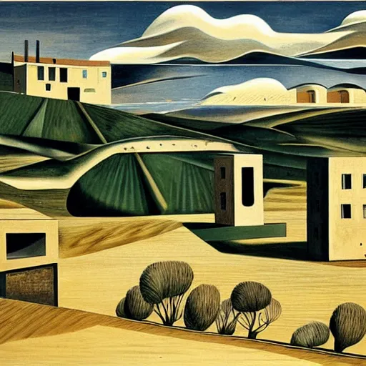 Prompt: dreaming futuristic rural landscape with modern houses, painted by Giorgio de Chirico, highly detailed