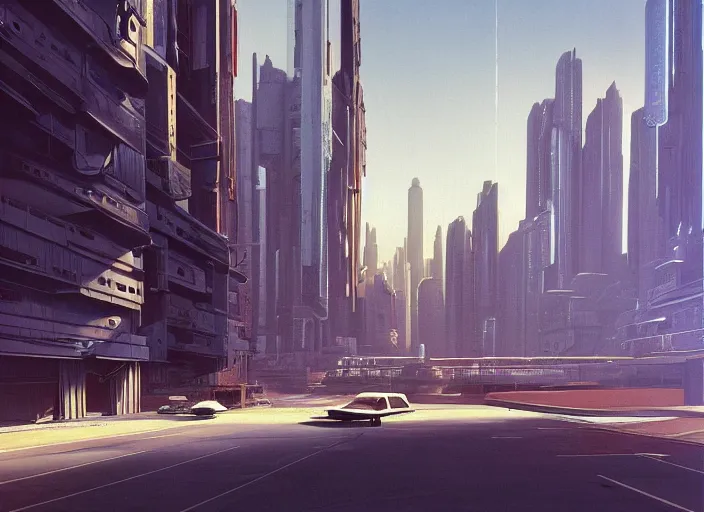 Image similar to a car driving down a street next to tall buildings, cyberpunk art by Chesley Bonestell, cgsociety, retrofuturism, matte painting, reimagined by industrial light and magic