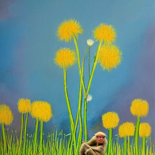 Prompt: photograph of a monkey painting dandelions on a canvas