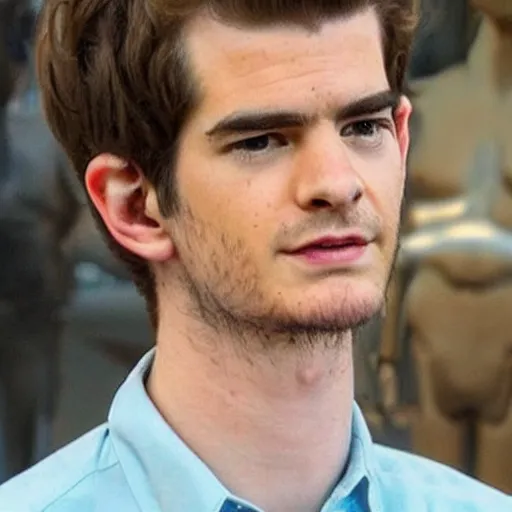 Image similar to “a realistic detailed photo of a guy who is an attractive humanoid who is half robot and half humanoid, who is a male android, Andrew Garfield, shiny skin, posing like a statue, blank stare”