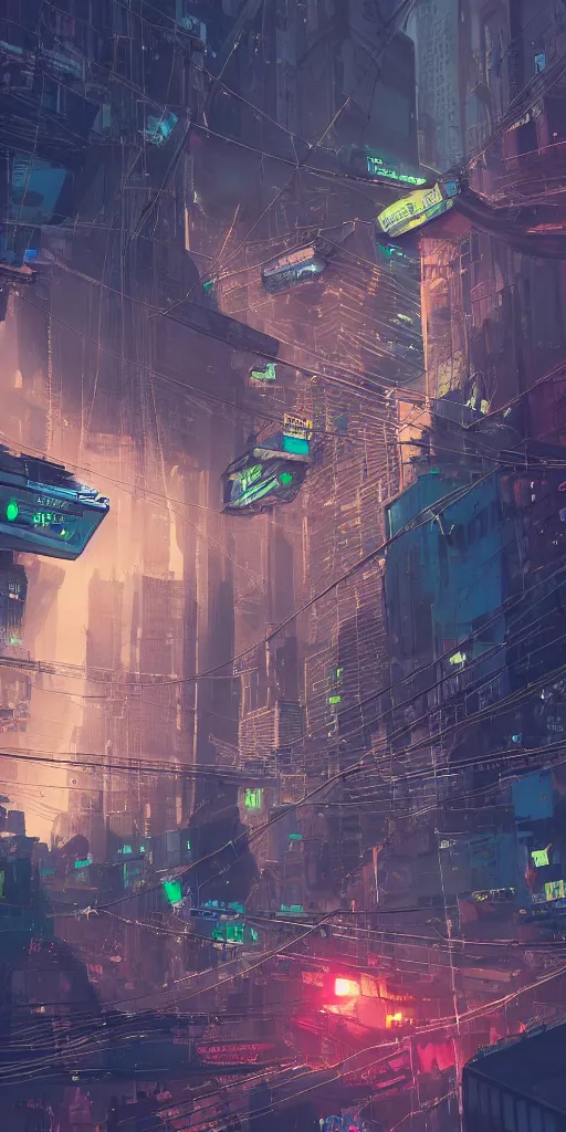 Image similar to gigantic building hovering above a city, long thick cables and trash hanging from underneath, rays of light, neon billboards and dried palmtrees in the streets, epic scene, scifi, illustration