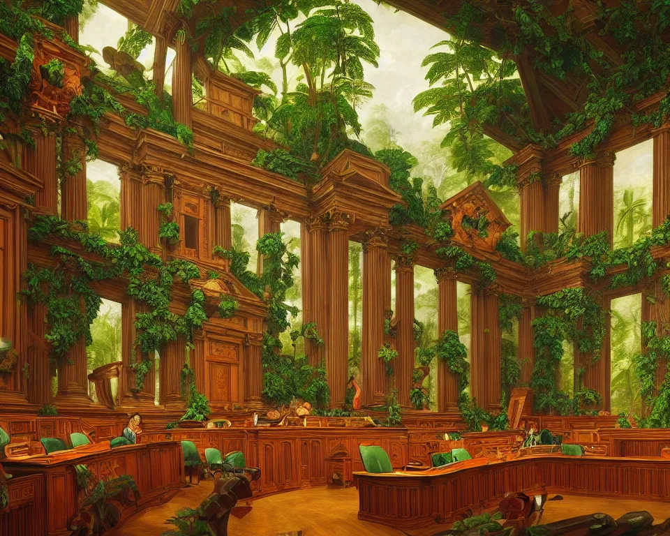 Image similar to an ornate courtroom in the rainforest by raphael and hopper. hyperdetailed, proportional, romantic, enchanting, achingly beautiful, graphic print, trending on artstation, jungle, tropical, foliage