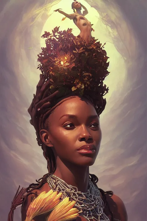 Image similar to african goddess of nature, accurate anatomy, only two hands, highly detailed, digital painting, artstation, concept art, smooth, sharp focus, illustration, Unreal Engine 5, 8K, art by Ross Tran and greg rutkowski and alphonse Mucha