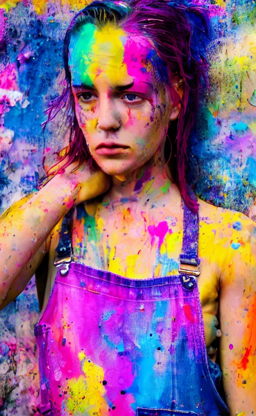 Image similar to grungy woman, rainbow hair, soft eyes and narrow chin, dainty figure, wet t-shirt, torn overalls, skimpy shorts, covered in paint, Sony a7R IV, symmetric balance, polarizing filter, Photolab, Lightroom, 4K, Dolby Vision, Photography Award