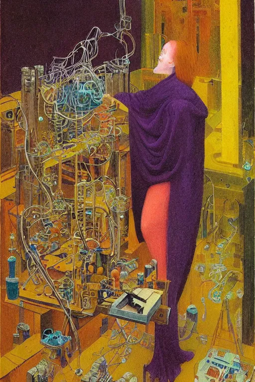 Image similar to realistic portrait of an engineer woman fixing the samsara holy cluster, fine portrait, concept art, stunning, visionary, dimmed palette, by brecht evens, by jean delville, by francis bacon