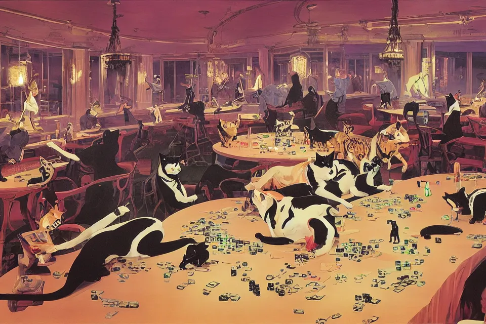 Prompt: cats rolling dice with the rats, neon ballroom, by syd mead, john kricfalusi