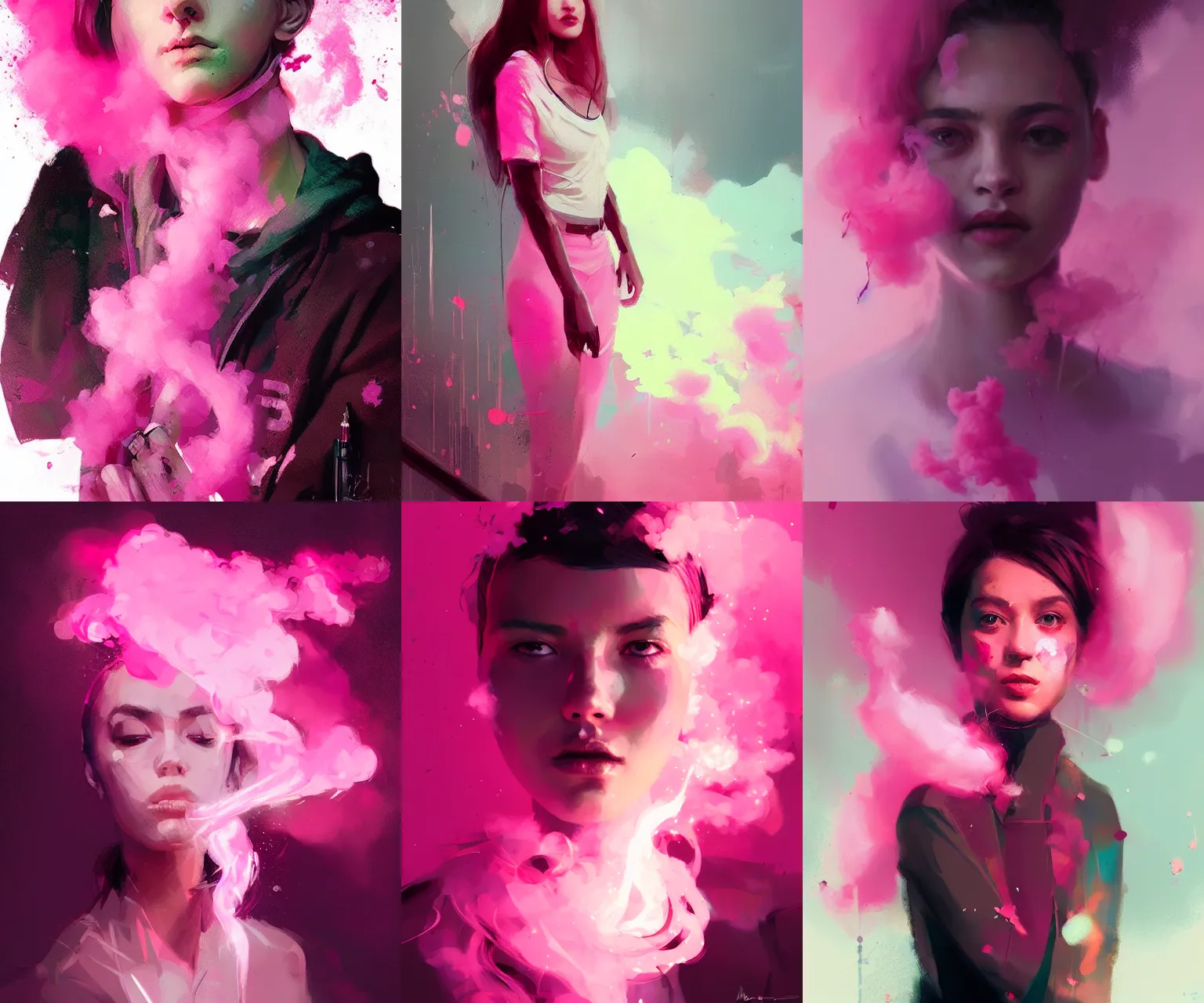 Prompt: pink smoke beauty portrait, ismail inceoglu, artgerm, radiant lighting