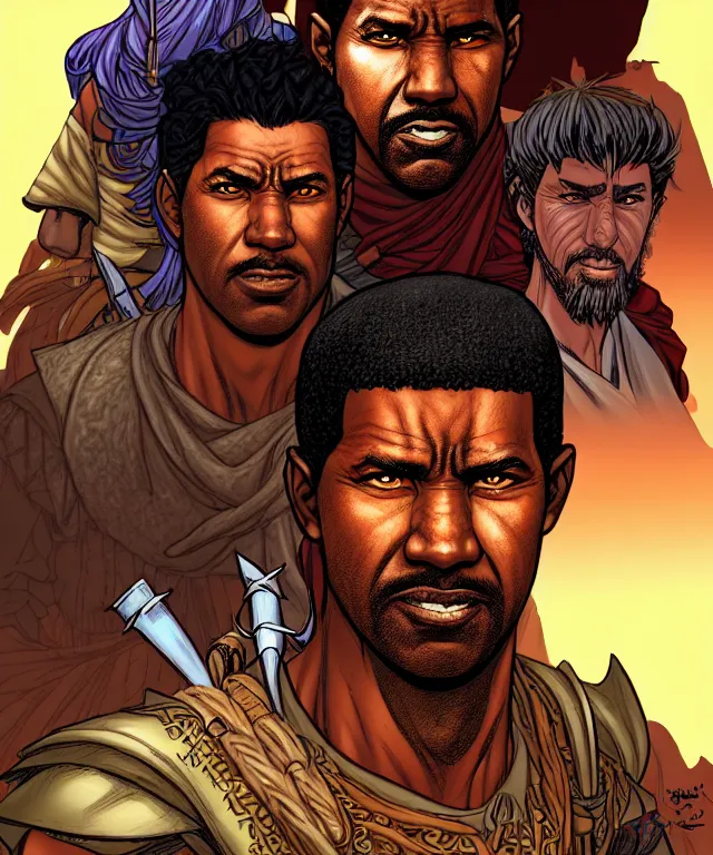 Prompt: a ( fantasy comic ) ( cover art ) portrait of a ( bedouin warrior ) who looks like ( denzel washington ), digital illustration by tomoyuki yamasaki and sana takeda and kentaro miura, fine inking lines, vivid colors, dnd, photorealistic, hd, 4 k, trending on artstation