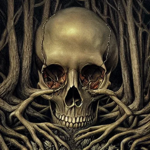 Image similar to a hyperrealistic painting of a psychedelic nightmare landscape, skulls, bones, by anton semenov and santiago caruso, highly detailed, vivid color,