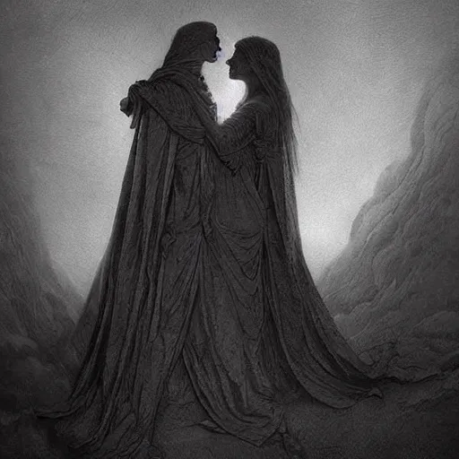 Prompt: two shadows with purple details are kissing in high detail hell with extreme passion, around them everything is burning to ashes, by bossmonsterbani and gustave dore dark dystopian art