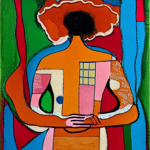 Prompt: Painting. a woman is shown from behind, her body slightly blurred as if in motion. Her long hair cascades down her back, and she is holding a small bird in her hand. bokeh by Jean Dubuffet geometric, placid