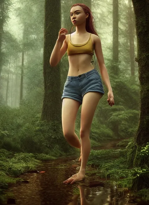 Image similar to young woman walking : : shorts wet shirt : : raining forest nature : : weta disney pixar movie still photo : : decadent highly - detailed digital painting, full length shot, golden ratio, octane render, artstation, smooth, sharp focus, artgerm, mucha, loish, wlop, gogo