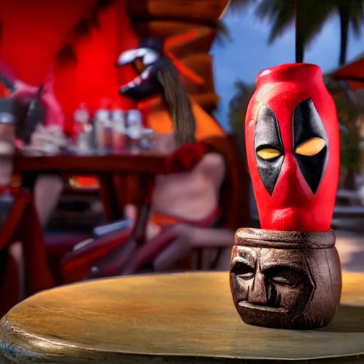 Image similar to a closeup photorealistic photograph of a deadpool style tiki mug sitting at a trader vic's beach bar featuring the face of deadpool. tiki party. bright scene. fine detail. this 4 k hd image is trending on artstation, featured on behance, well - rendered, extra crisp, features intricate detail, epic composition and the style of unreal engine.